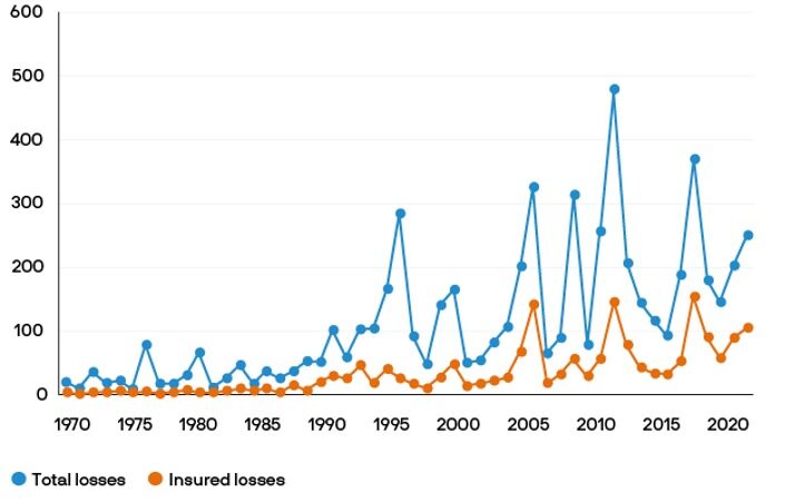 Munich Re - Insured losses vs total losses graph chart